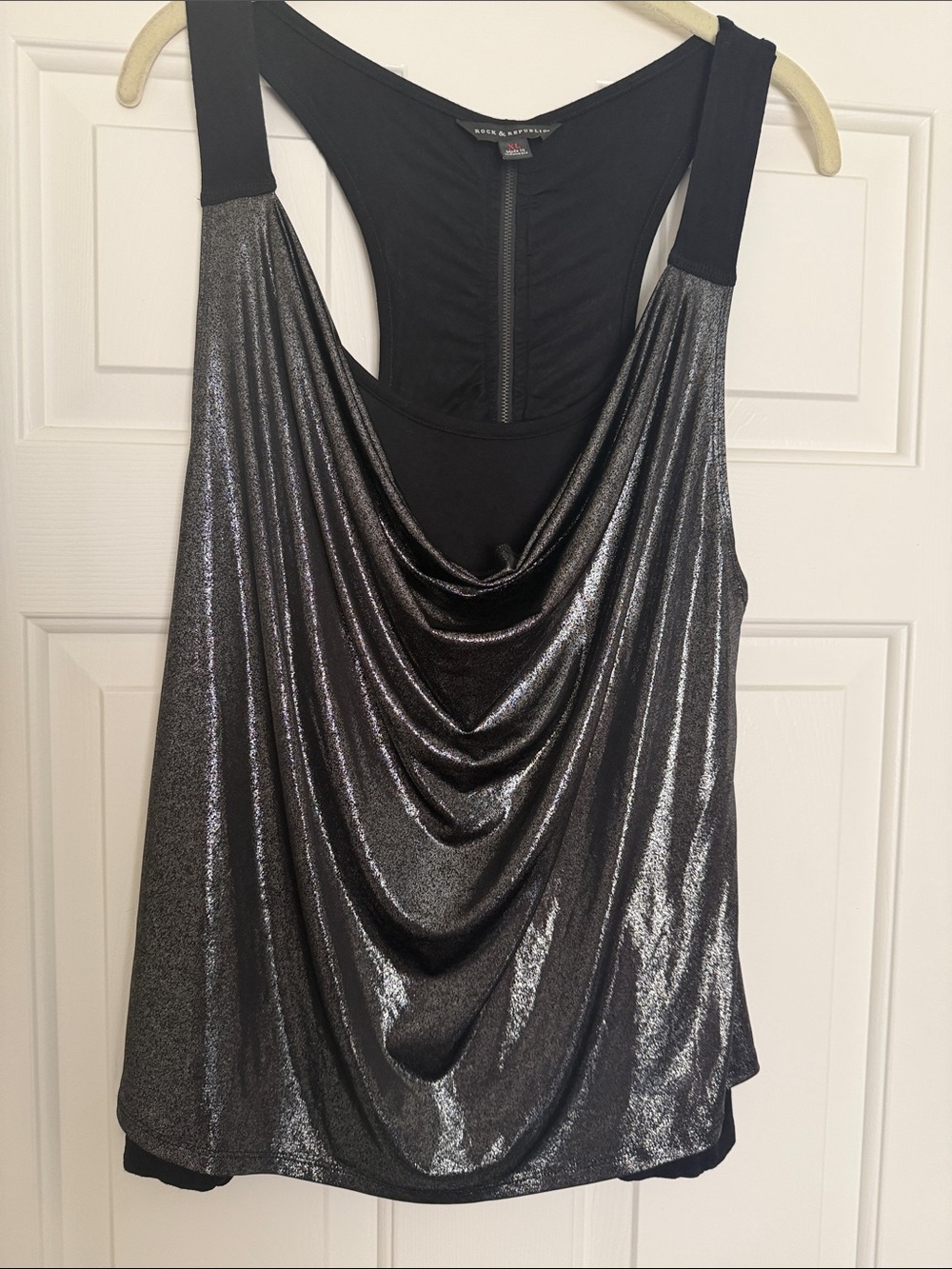 Rock & Republic Shimmery Black Cowl Neck Racerback Tank, XL